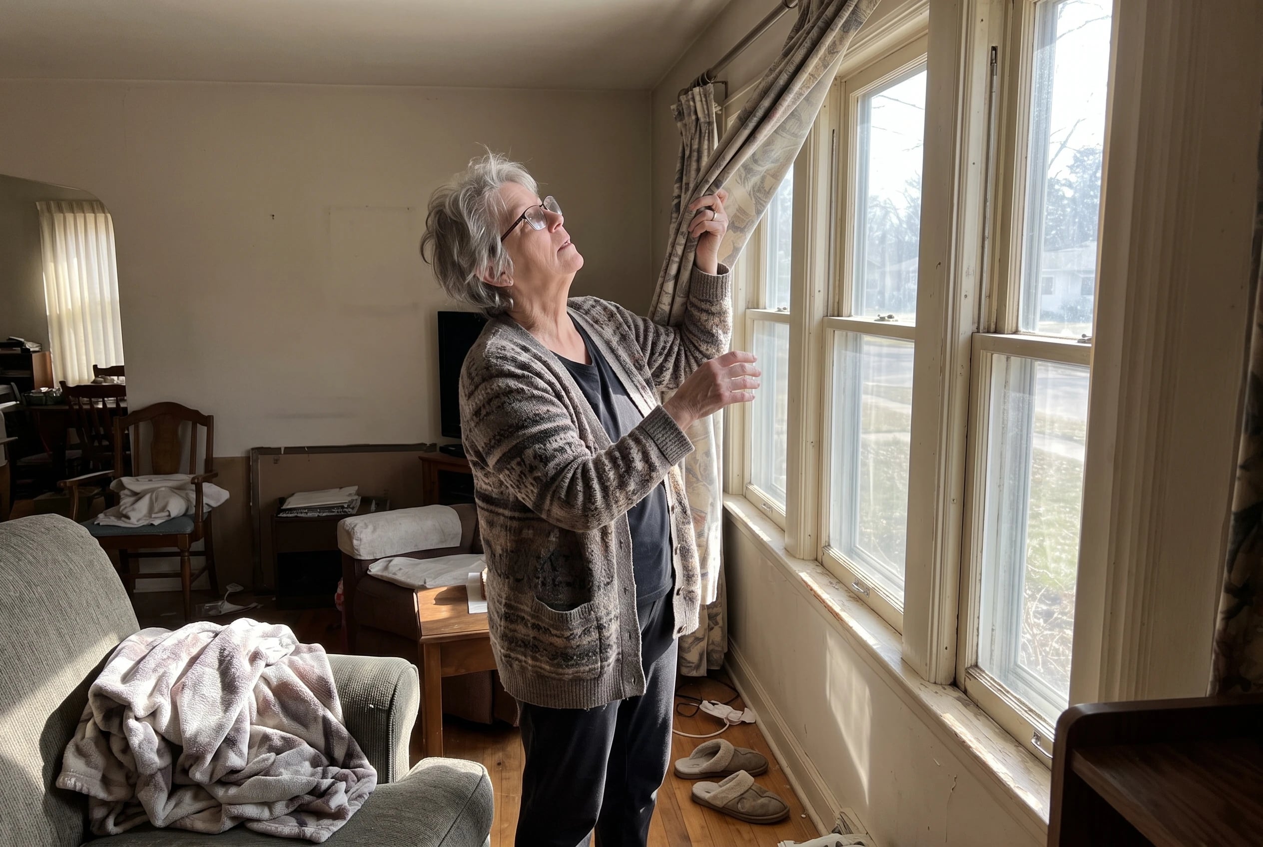 Woman in her sixties opens curtains at her living room window.