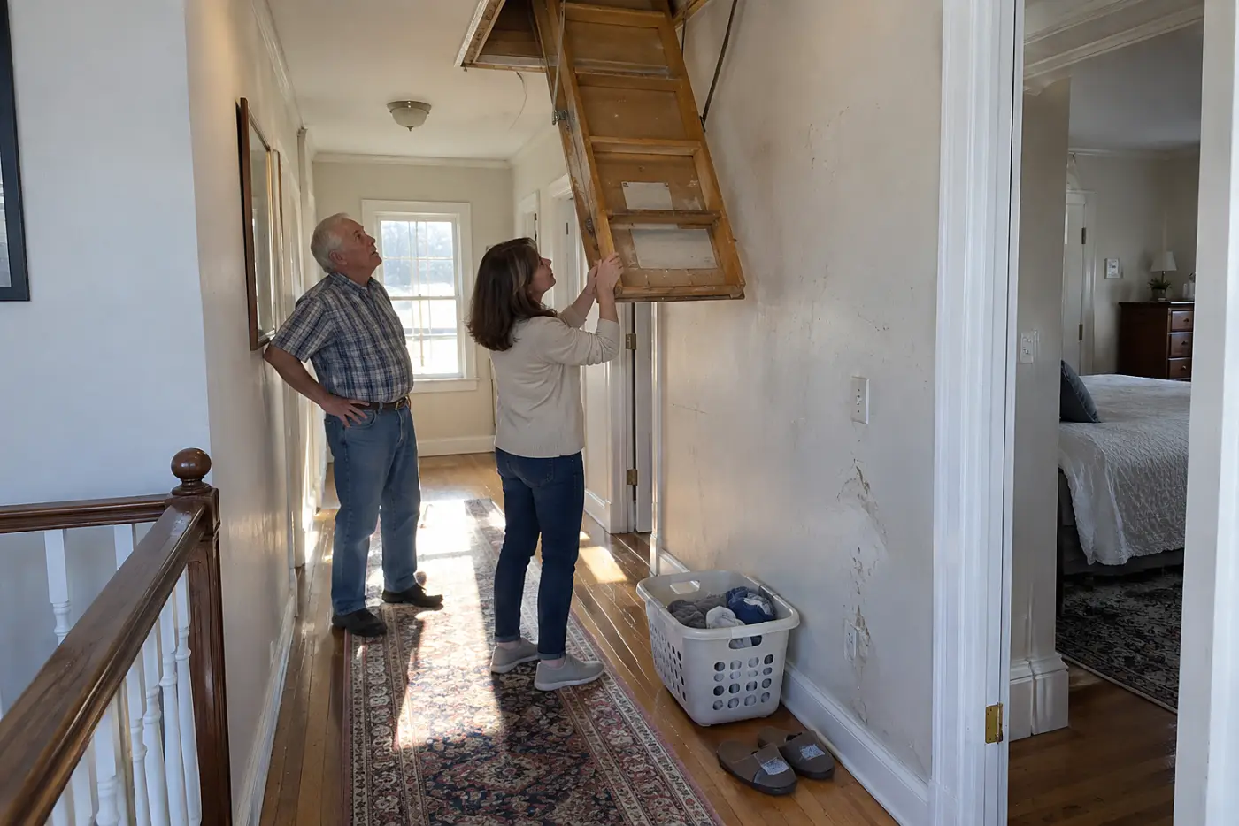 A man in his seventies watches a woman adjust a wooden attic ladder in a hallway.