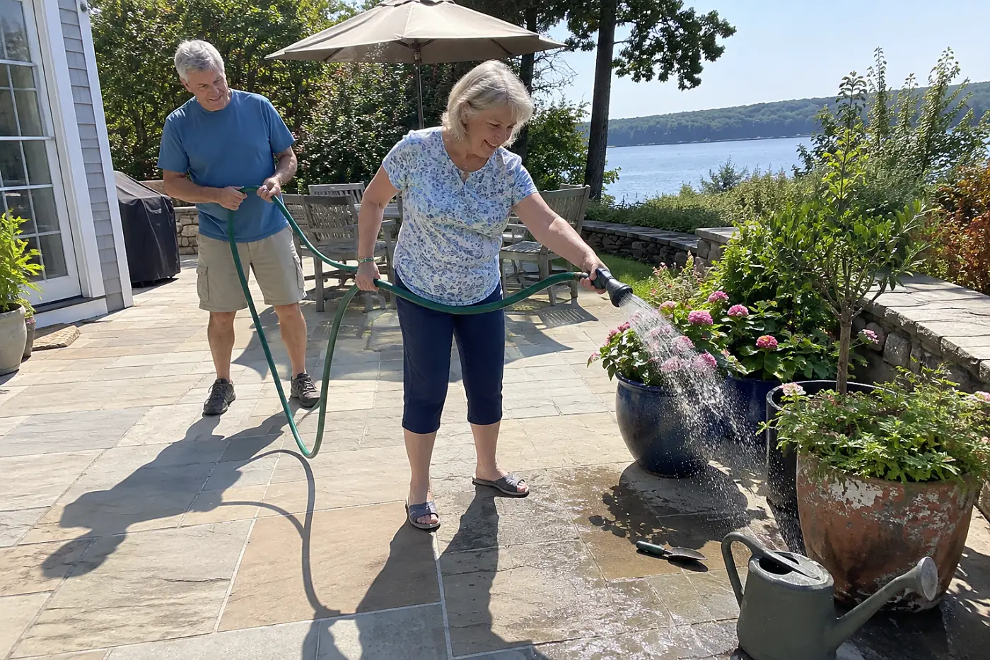 A woman in her sixties waters potted plants with a garden hose on a patio.