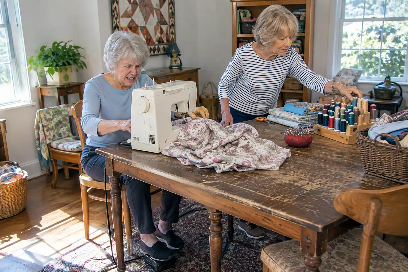 A woman in her seventies uses a sewing machine foot pedal beneath a wooden table.