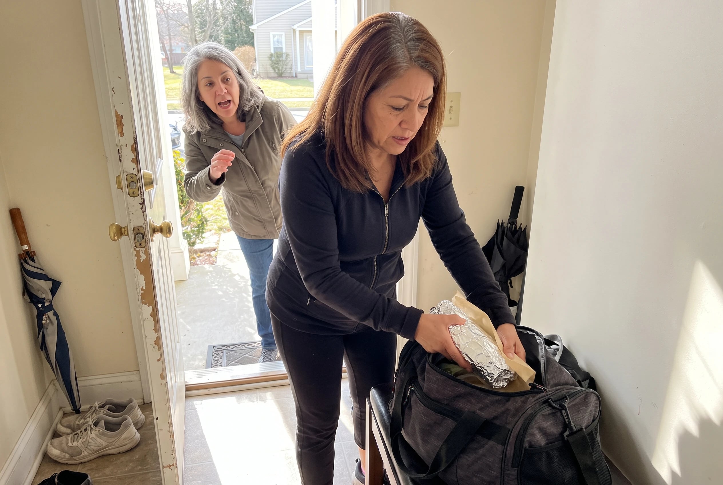 Woman putting a wrapped sandwich into her gym bag in a hallway.