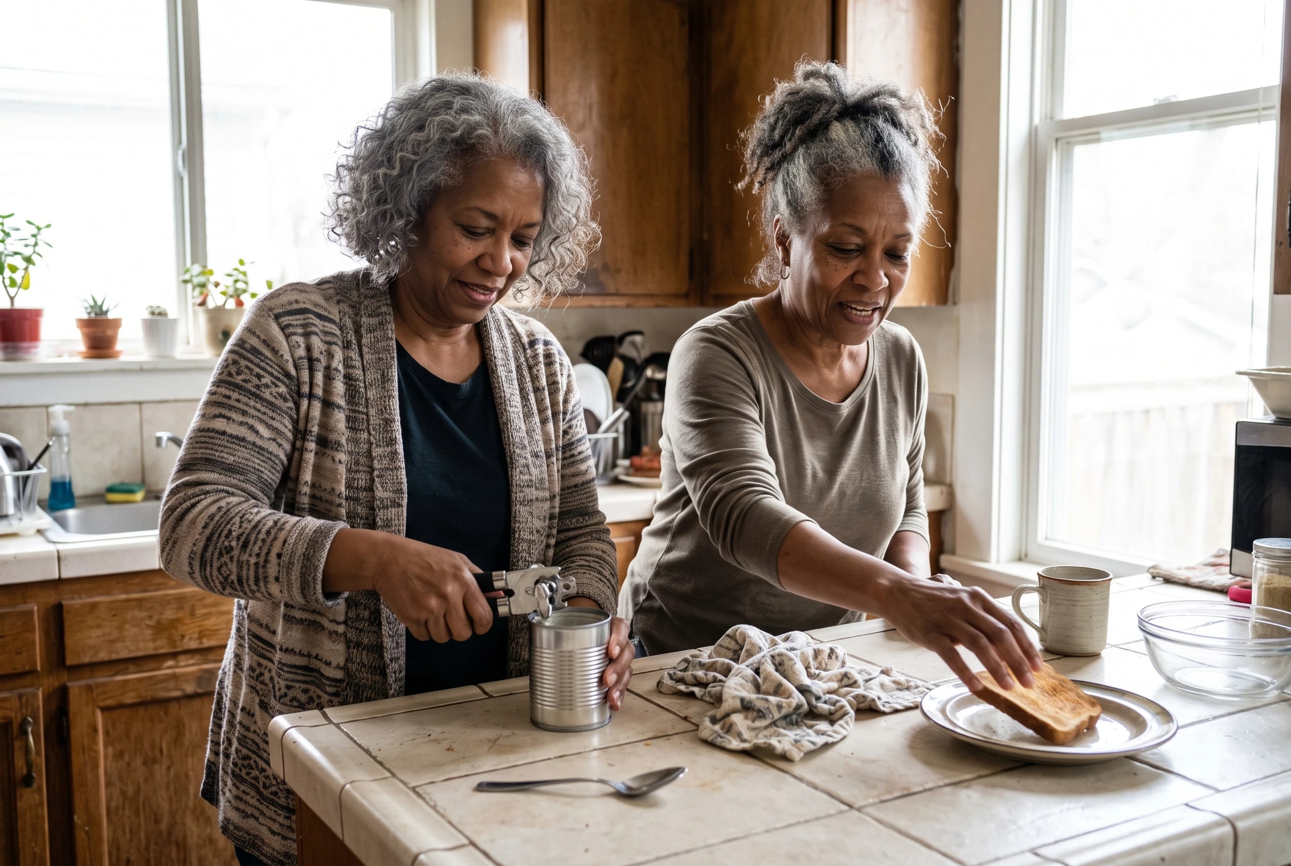 Woman opening a can of tuna beside a slice of toast at a kitchen counter.