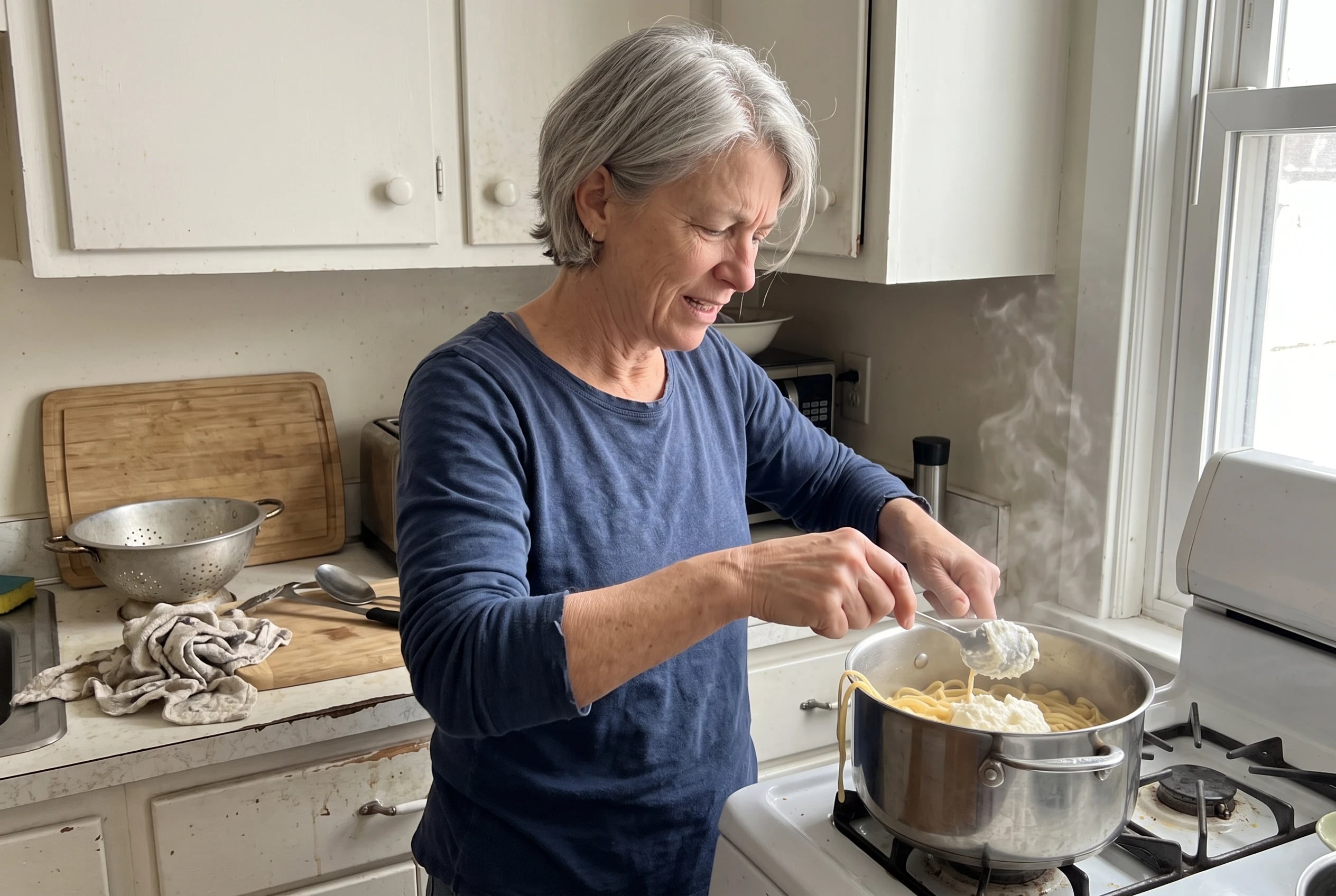 Woman stirring ricotta into pasta in her kitchen.