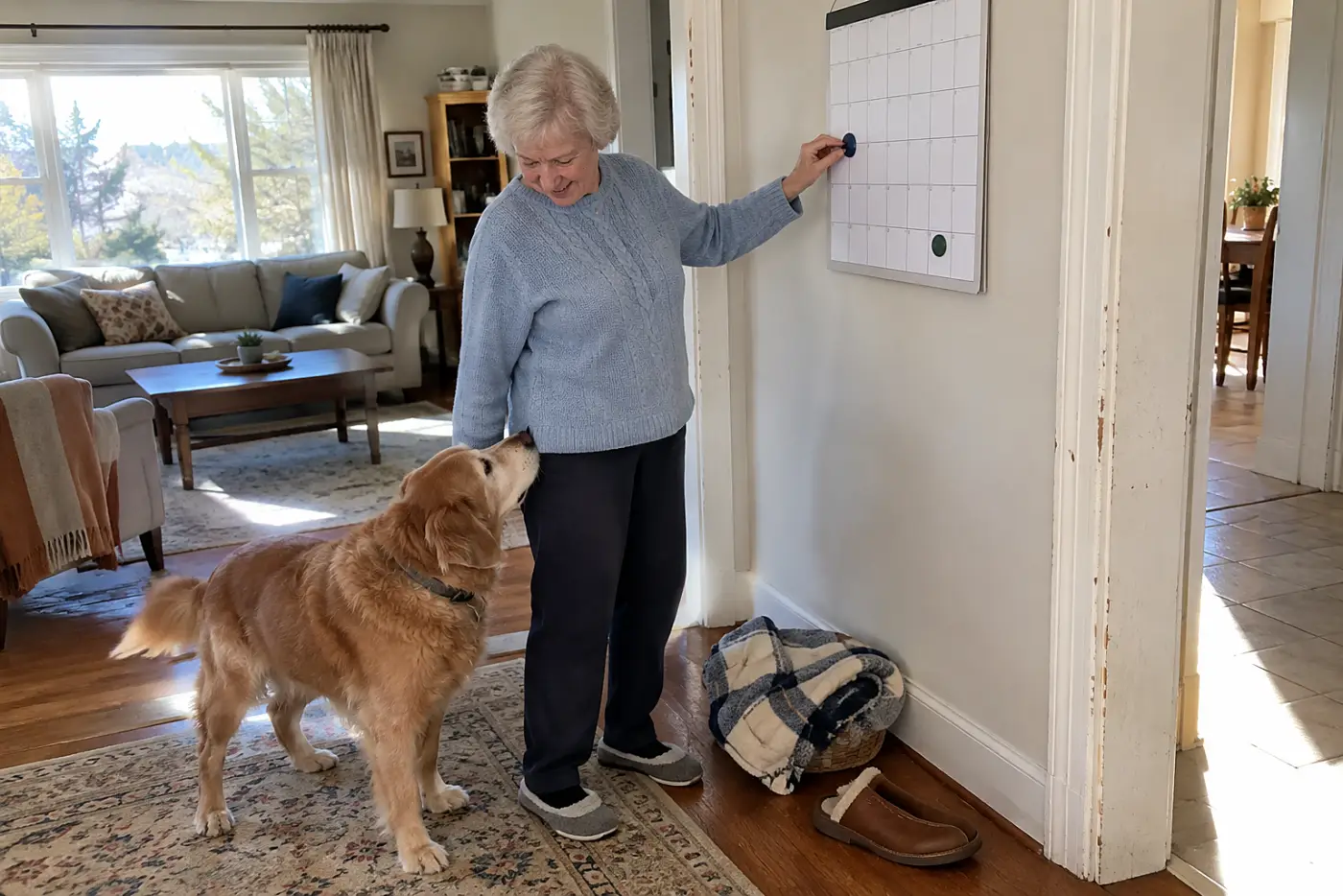 An older woman marks her dog's day on a wall calendar beside the living room doorway.