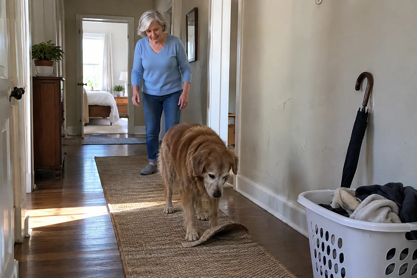 An older woman watches her old dog cross a nonslip rug in the hall.