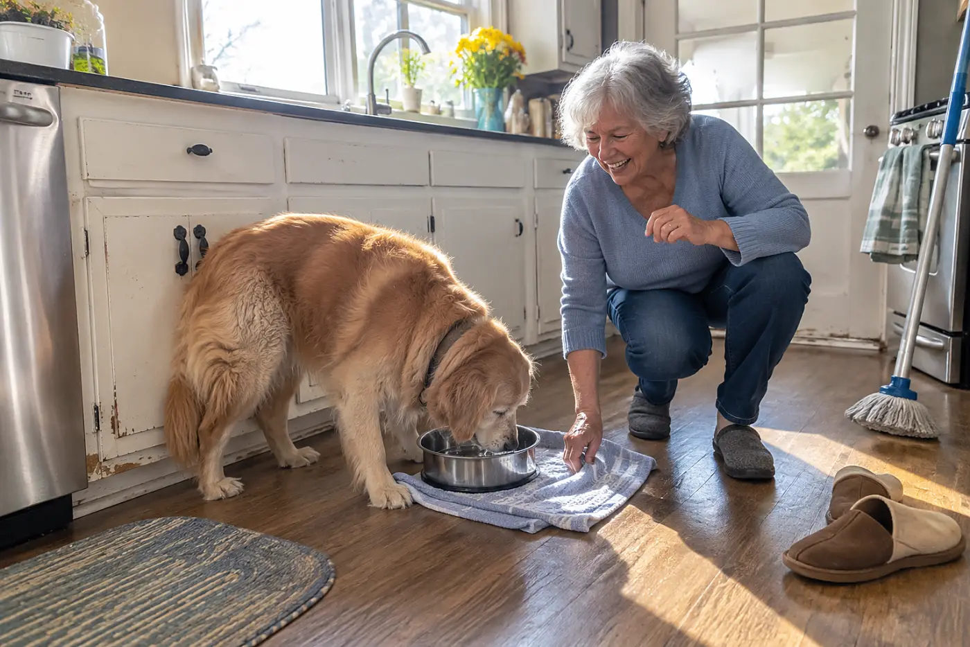 An older woman places a towel beneath her dog's water bowl in the kitchen.