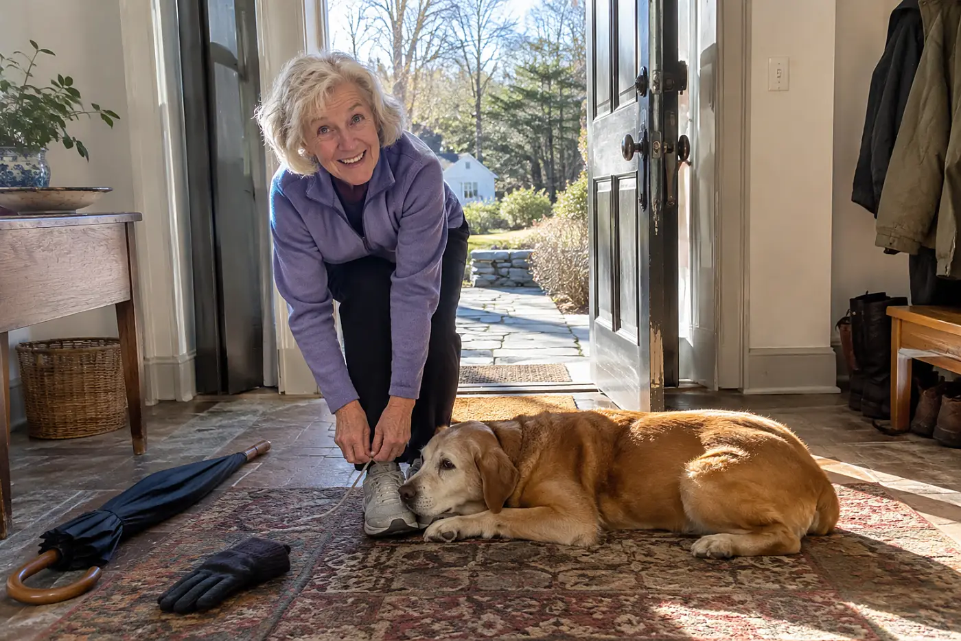 An older woman ties her shoe while her old dog rests her chin on the other one.