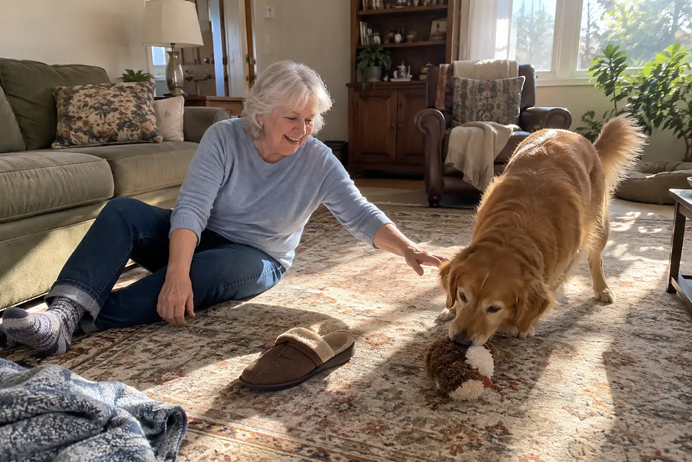 An older woman sits beside her old dog and a worn toy on a living room rug.