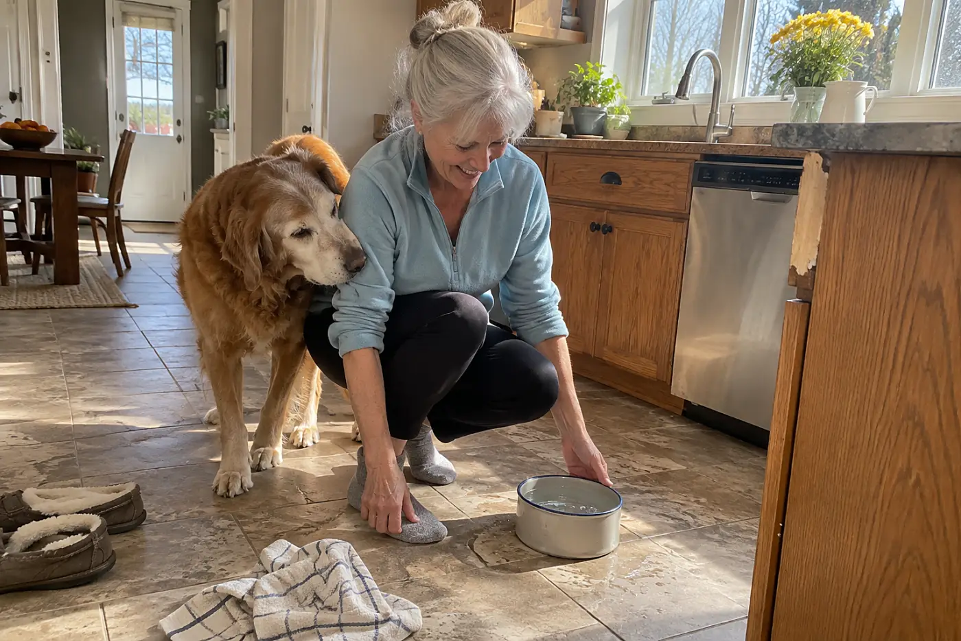 An older woman checks her dog's half-full bowl on the kitchen floor.