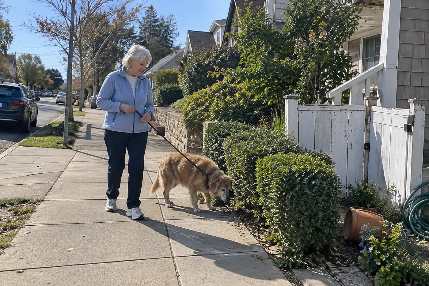 An older woman follows her old dog around a corner on a neighborhood sidewalk.