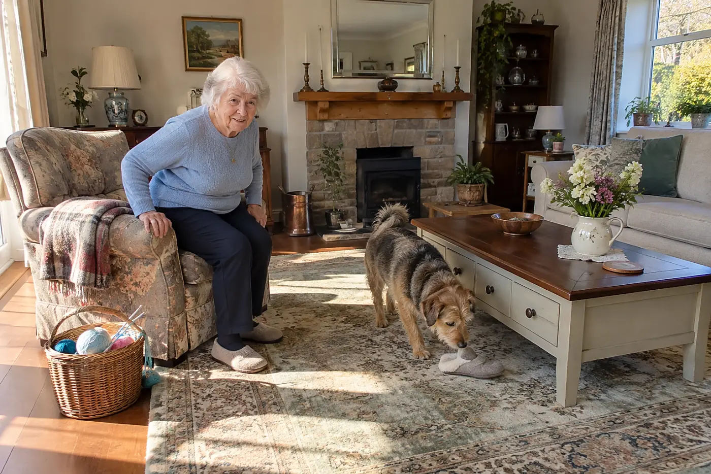 An older woman waits in an armchair while her old dog walks around the coffee table.