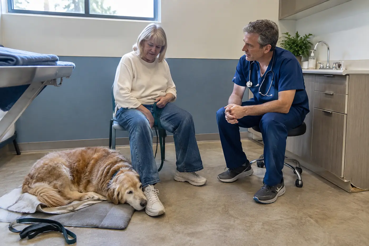 An older woman speaks with a veterinarian while her old dog rests on an exam room mat.