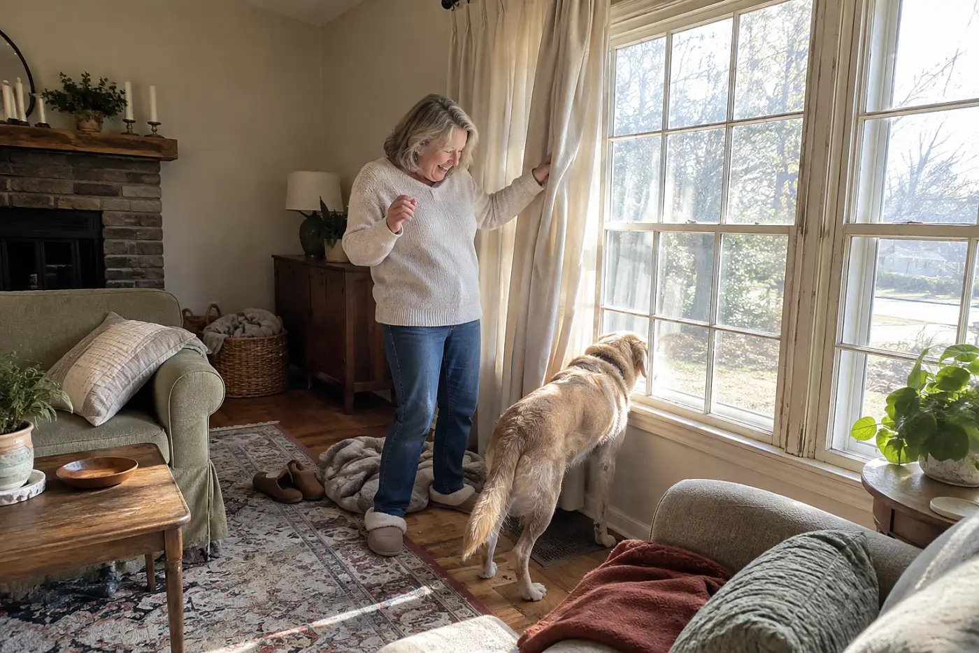 An older woman draws back a living room curtain while her dog sniffs at the window.
