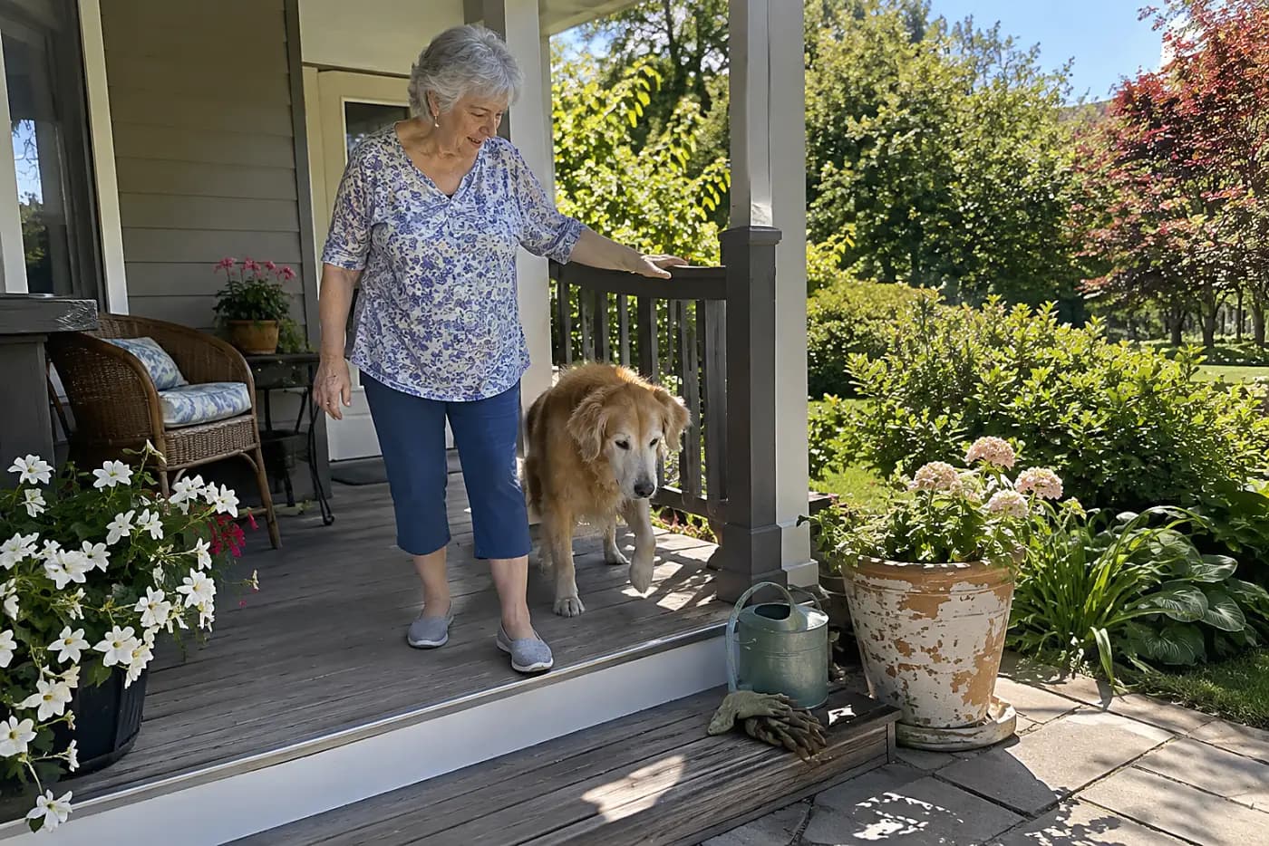 An older woman stands beside her old dog as she pauses at a porch step.