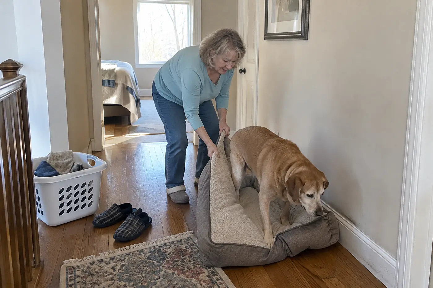 An older woman sets her dog's bed against a hallway wall outside the bedroom.