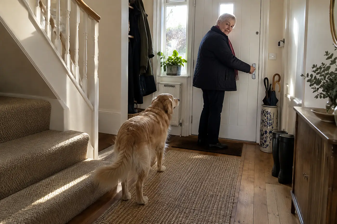 An older woman unlocks her front door while her old dog watches from inside the hall.