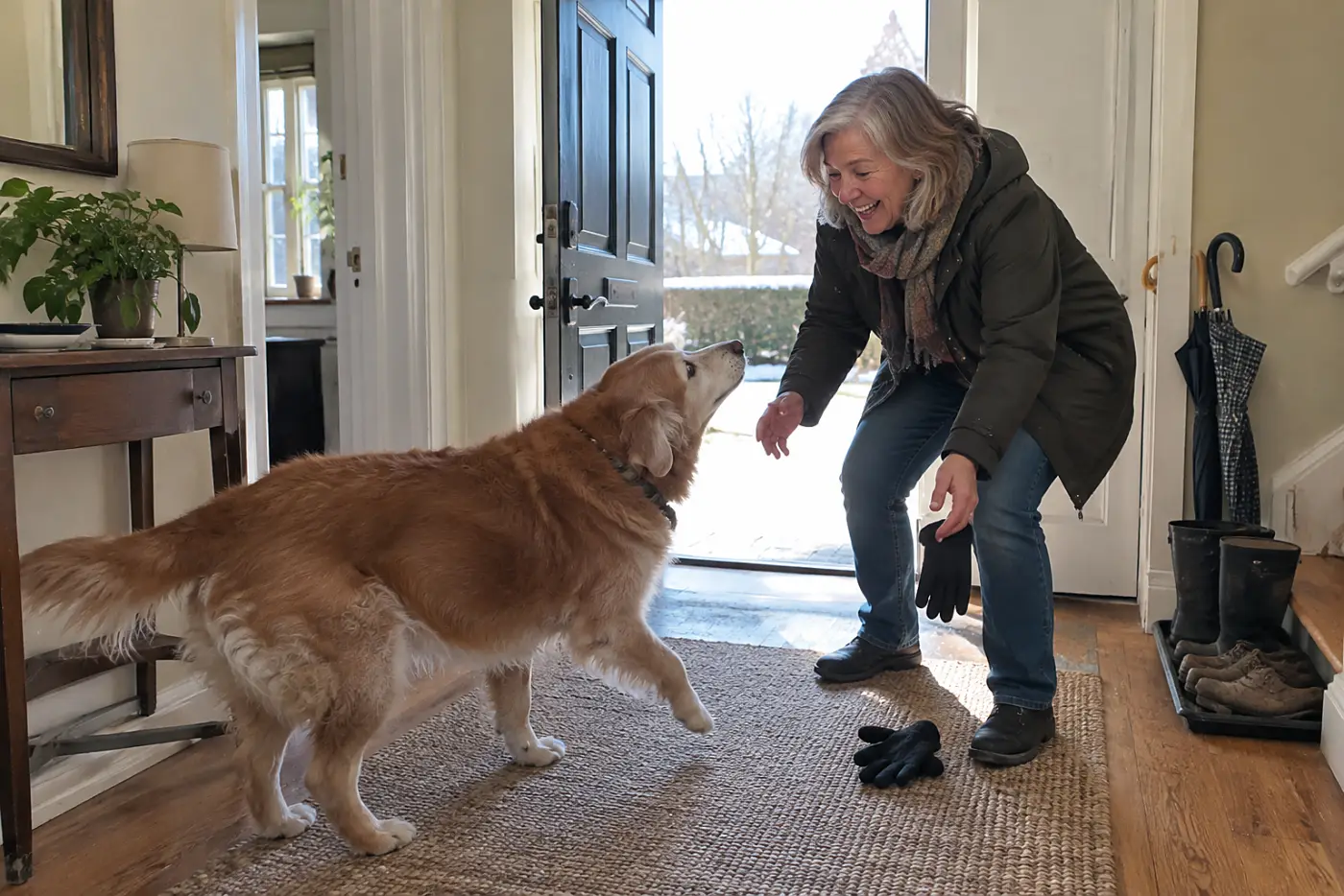 An older woman greets her old dog on a hallway rug beside the front door.
