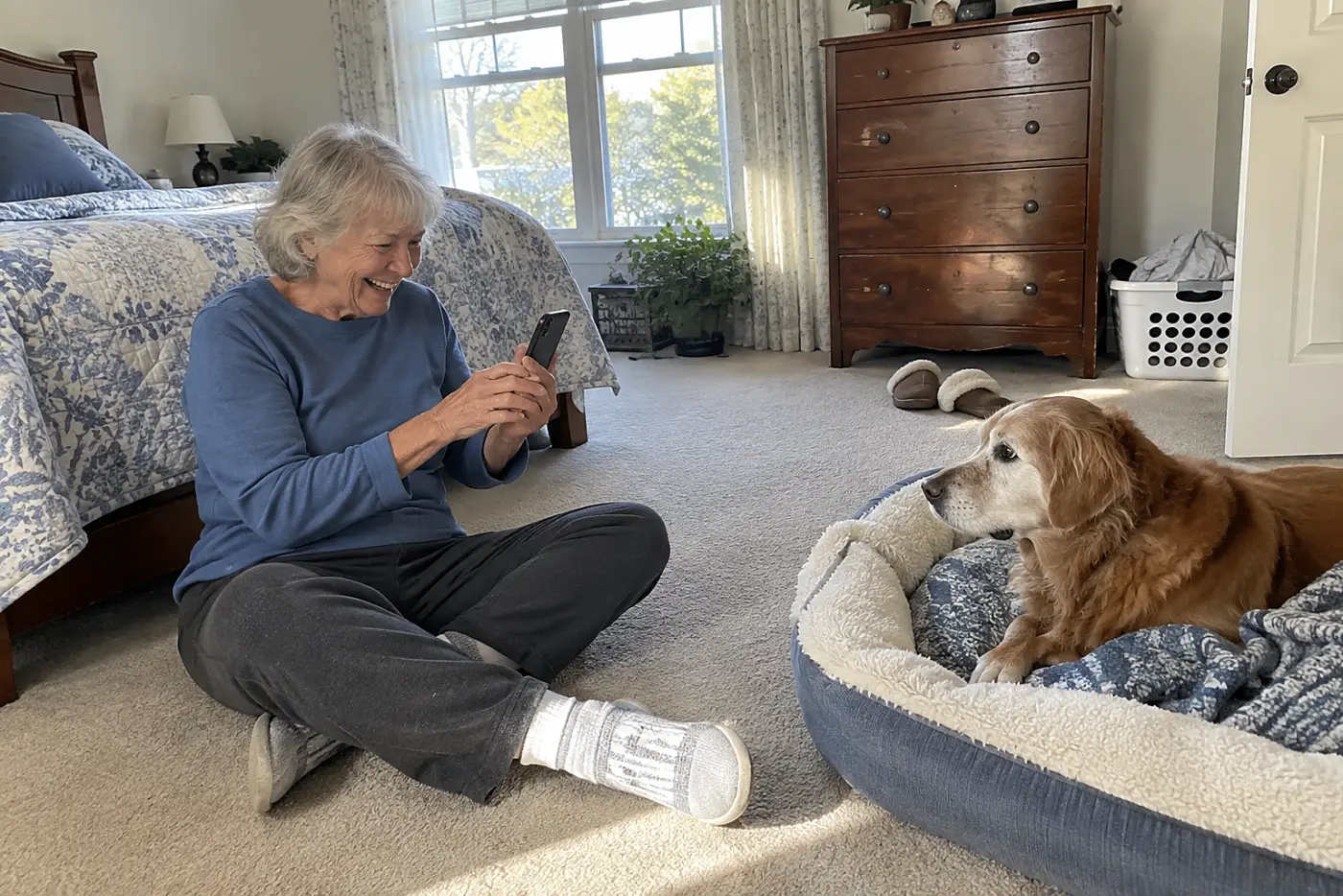 An older woman sits on the floor to photograph her old dog resting on her bed.