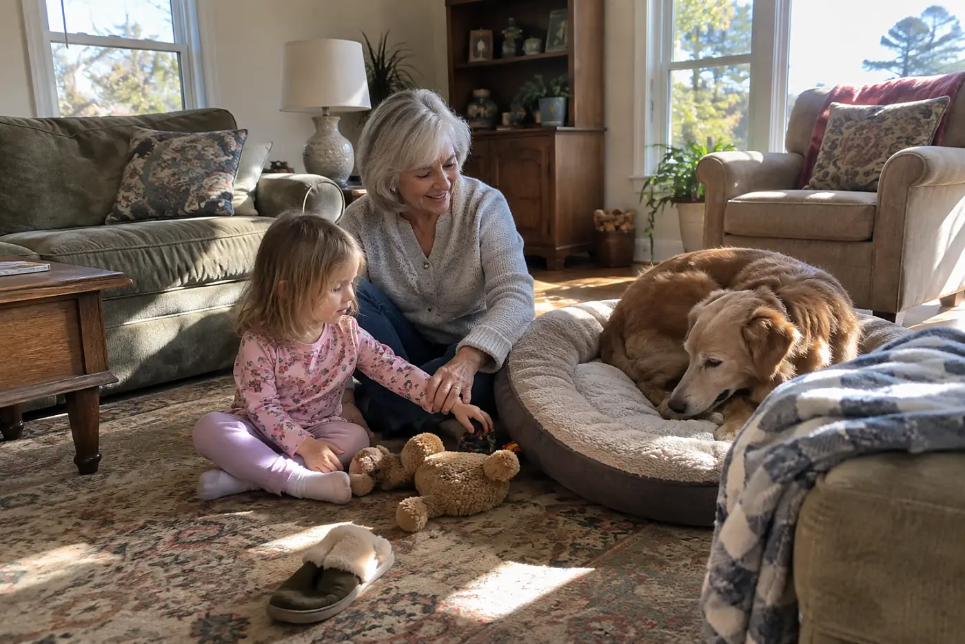 An older woman sits beside a child as their old dog returns to her bed in the living room.