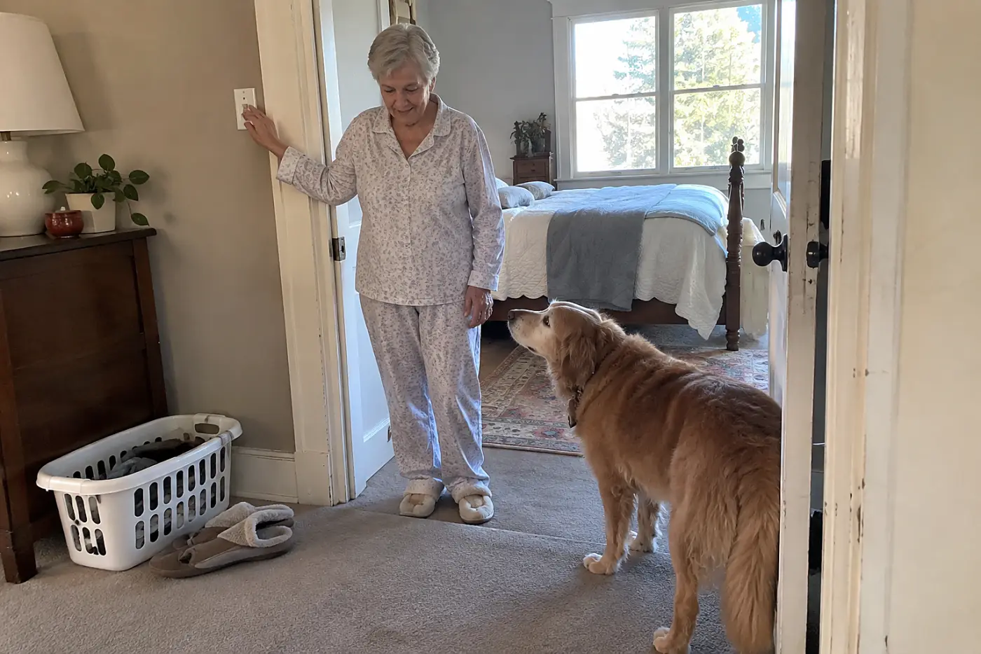 An older woman switches on a night-light while her old dog stands at the bedroom door.
