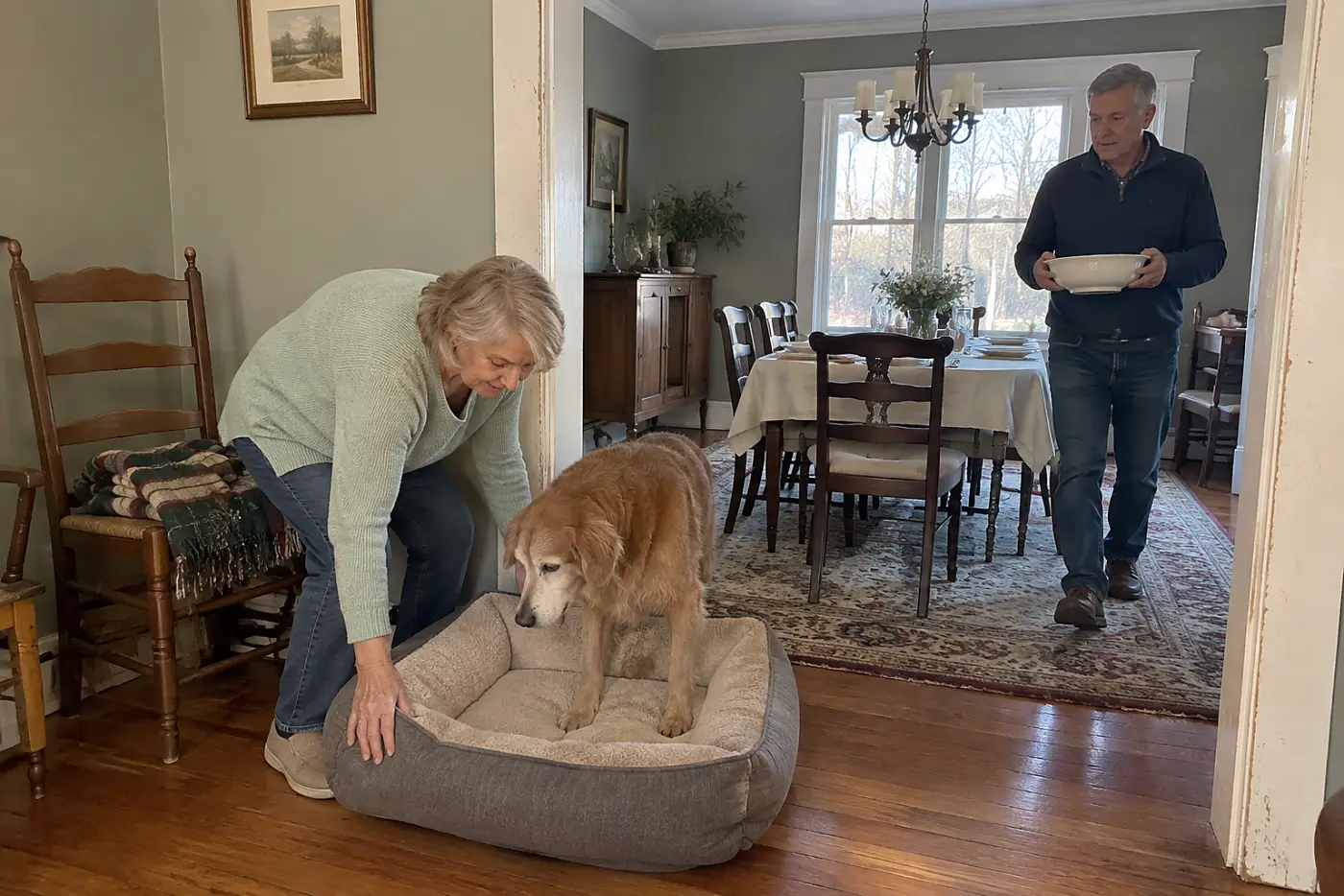 An older woman puts a dog bed near the dining room doorway before a family meal.