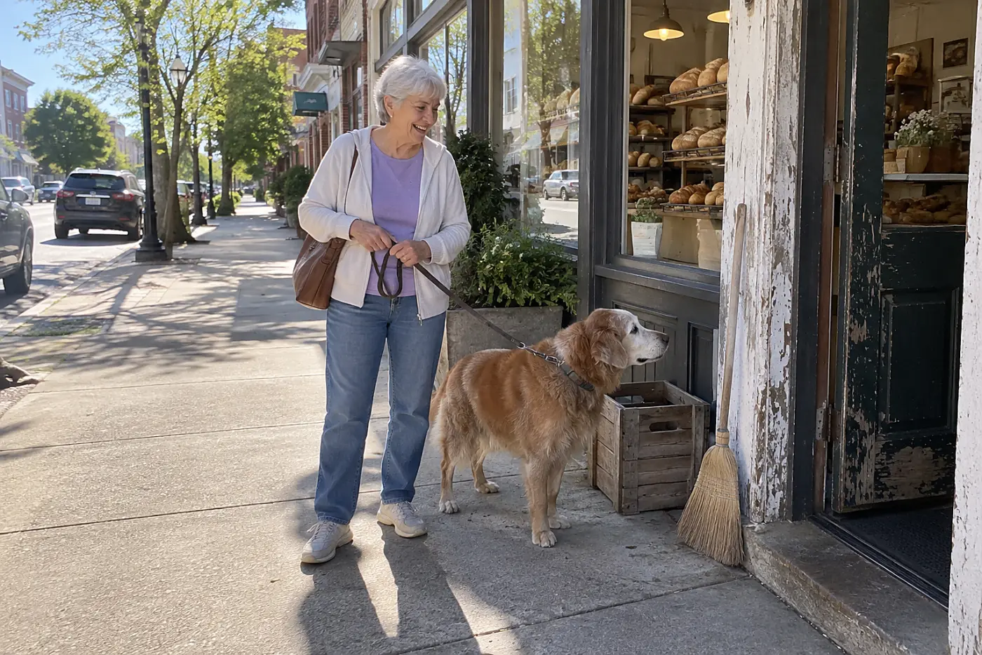 An older woman stands with her old dog outside a neighborhood bakery.