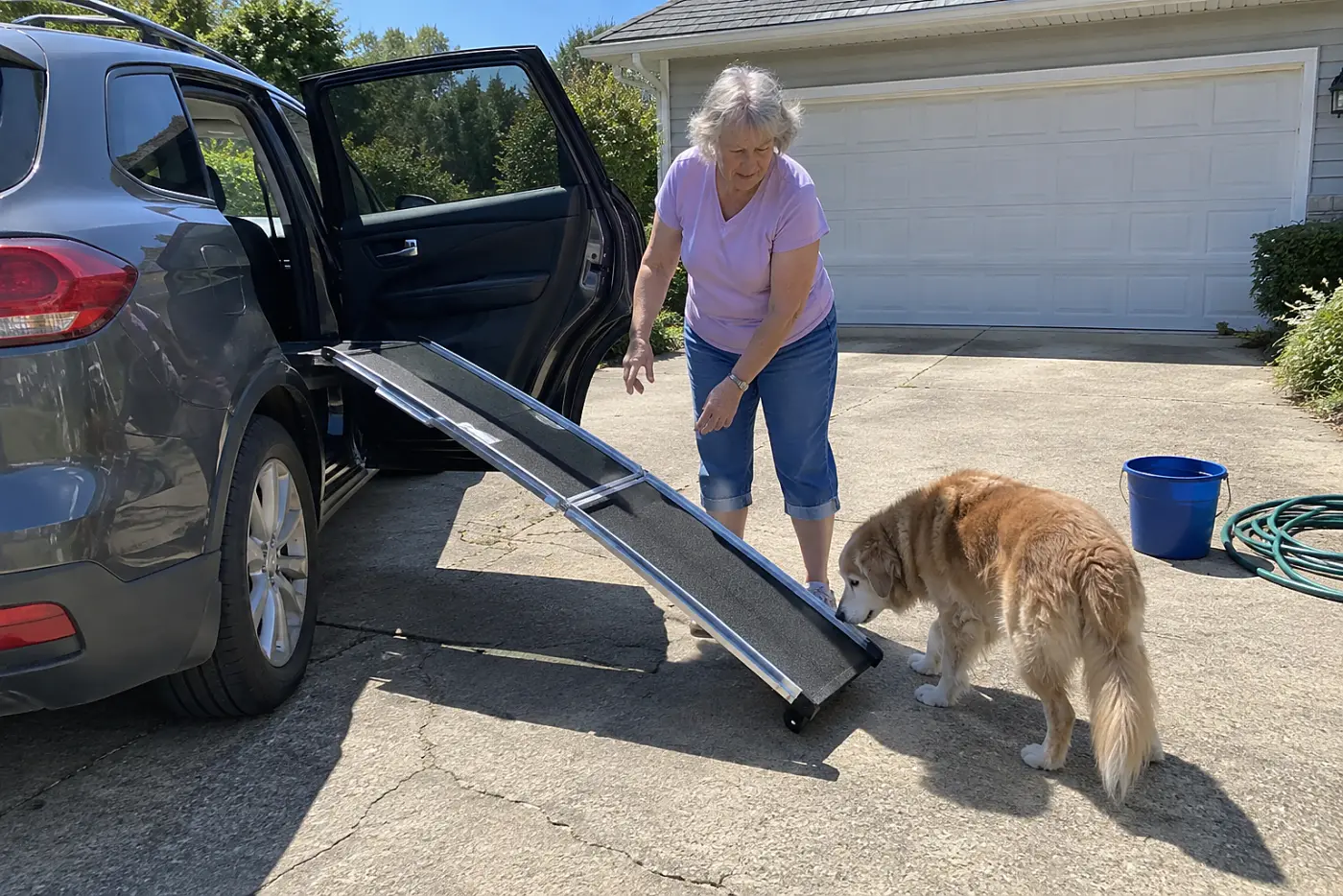An older woman steadies a ramp at an open car door while her old dog stands nearby.