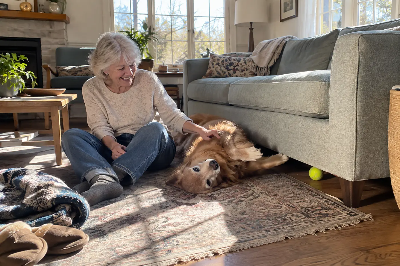An older woman sits on the living room floor beside her dog in a patch of sunlight.