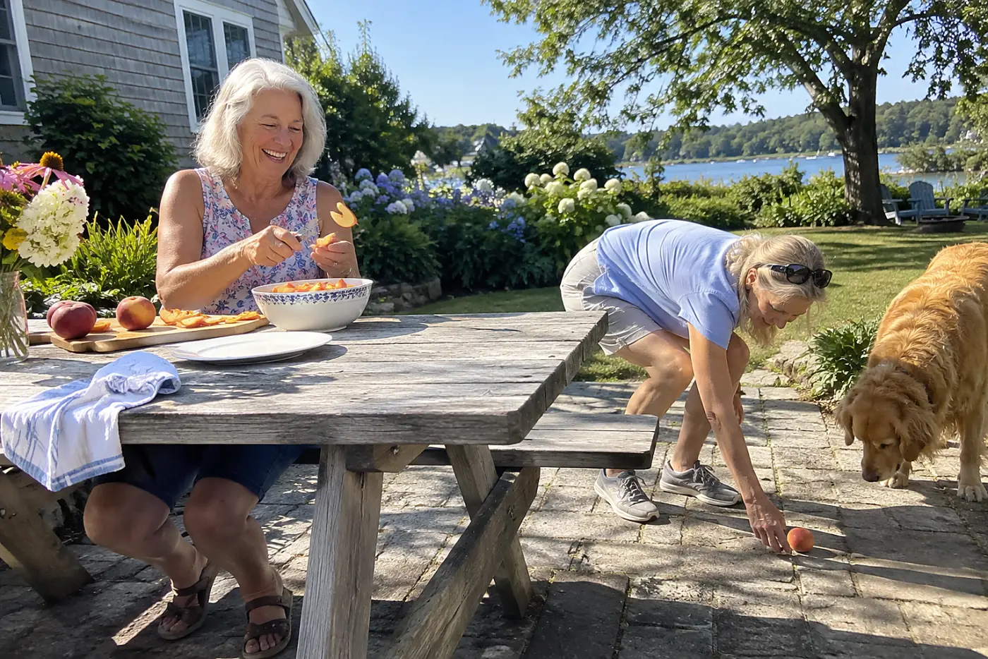 Woman slices peaches into a bowl at a backyard picnic bench.