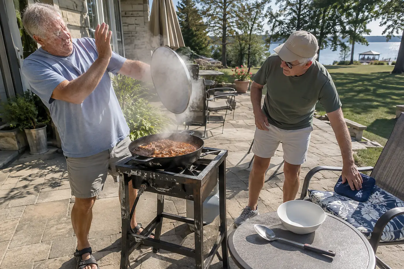 Man lifts the lid from a covered skillet of Swiss steak on a patio burner.