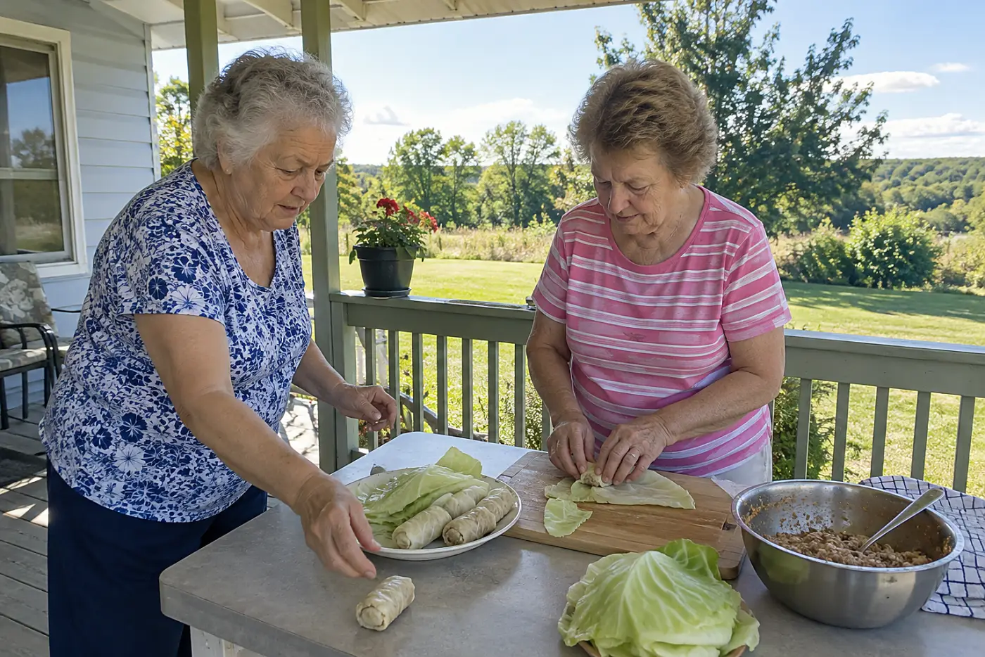 Woman folds cabbage leaves around filling on a covered porch counter.