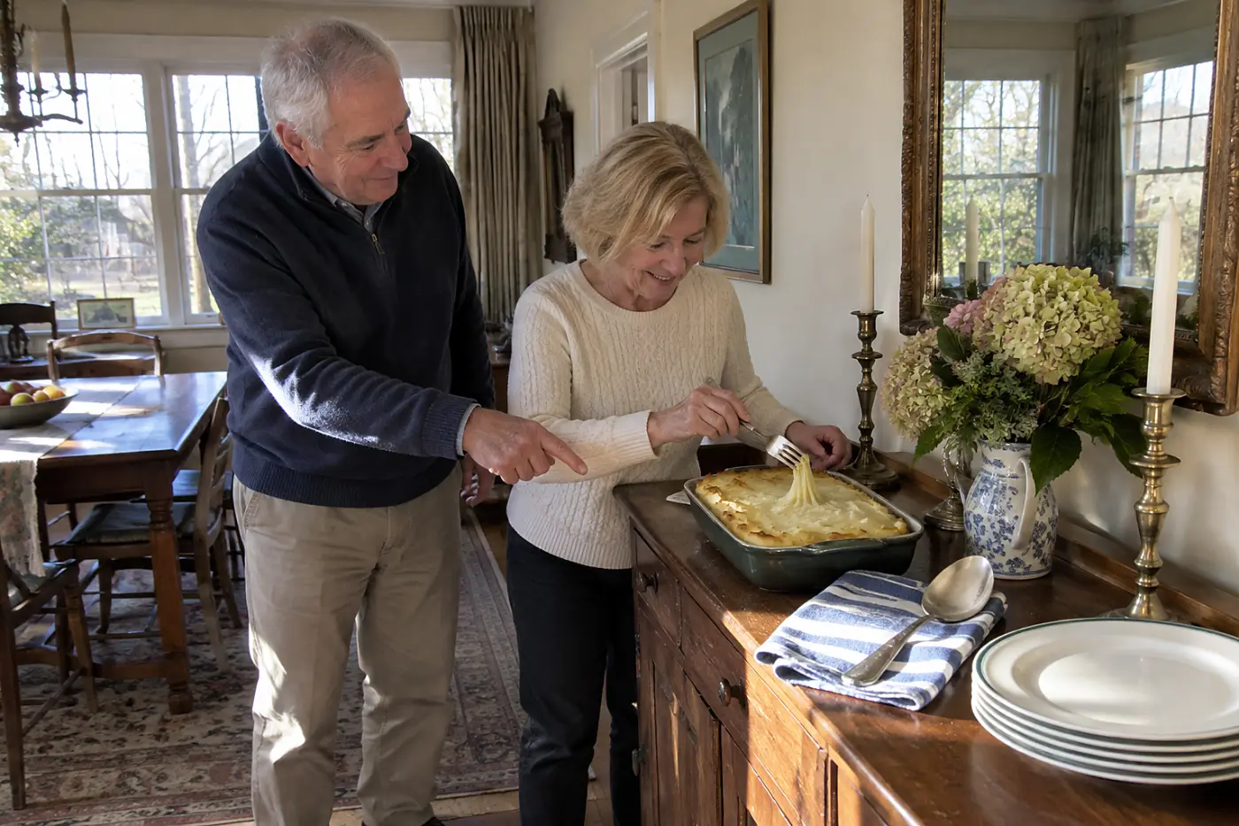 Woman drags a fork across mashed potato topping at a dining-room sideboard.