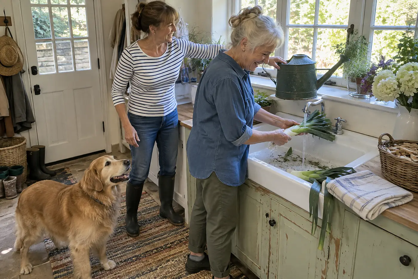 Older woman rinses the layers of a split leek at a laundry-room sink.