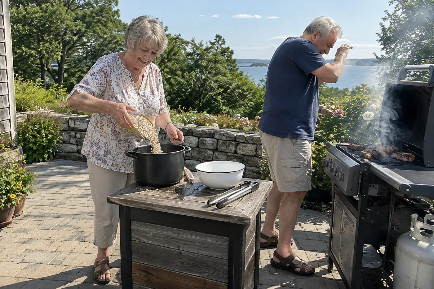 Woman pours pearl barley into a pot beside an outdoor grill.