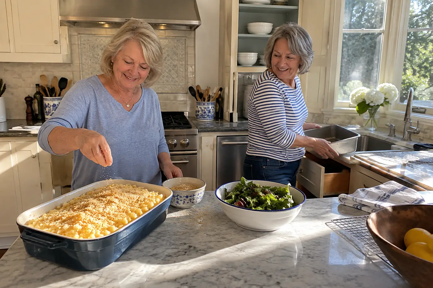 Older woman sprinkles breadcrumbs over macaroni and cheese at a kitchen island.