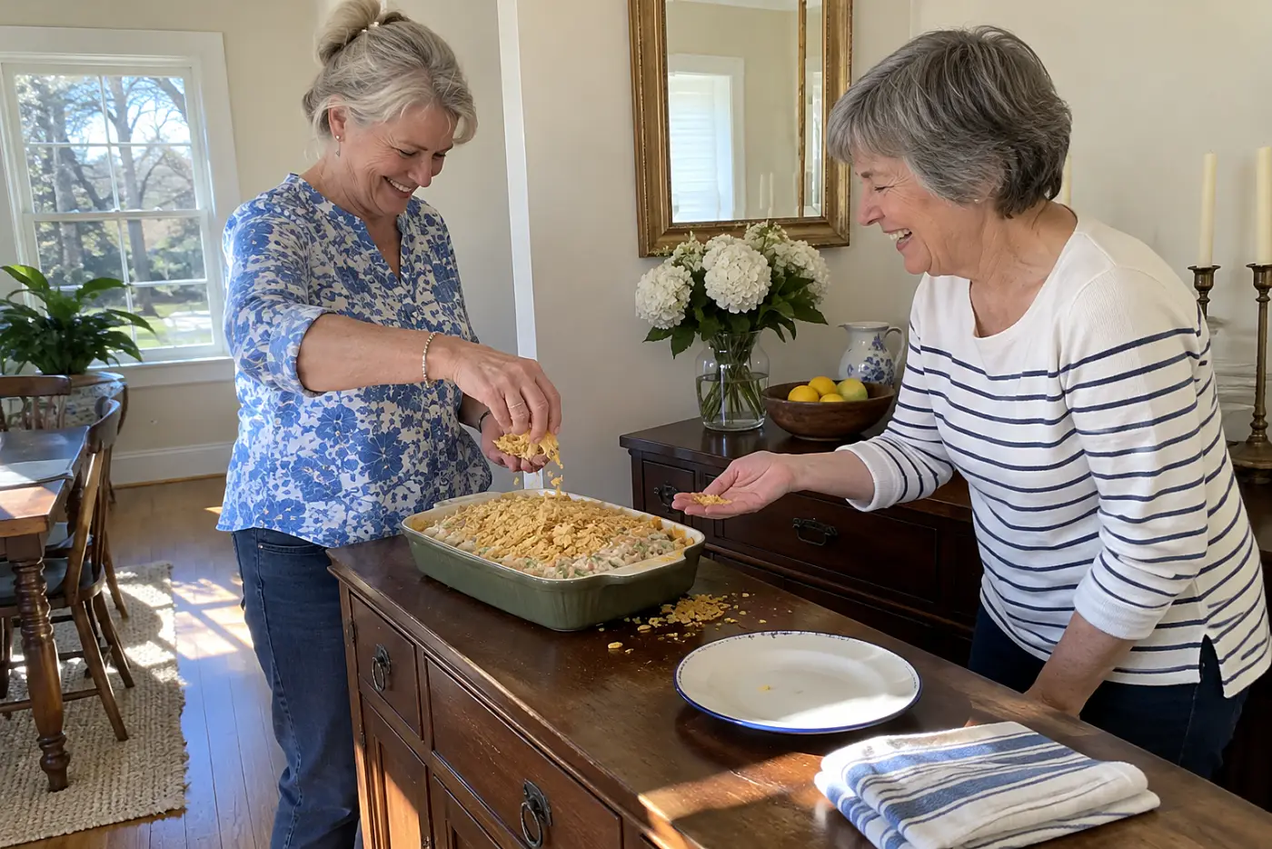 Woman scatters crushed chips over a tuna casserole at a dining-room sideboard.
