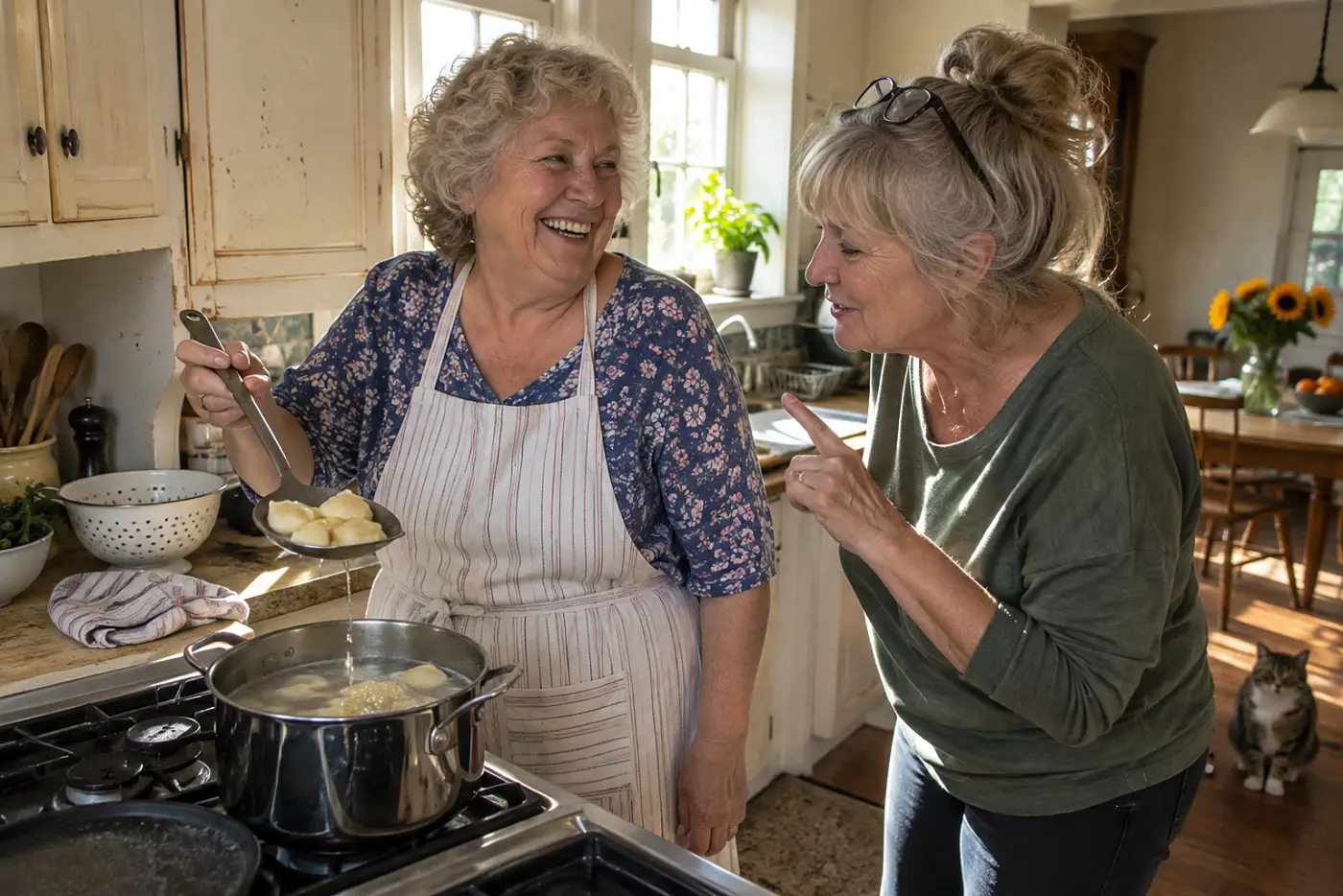 Older woman lifts a spoonful of dumplings from a pot on a kitchen stove.