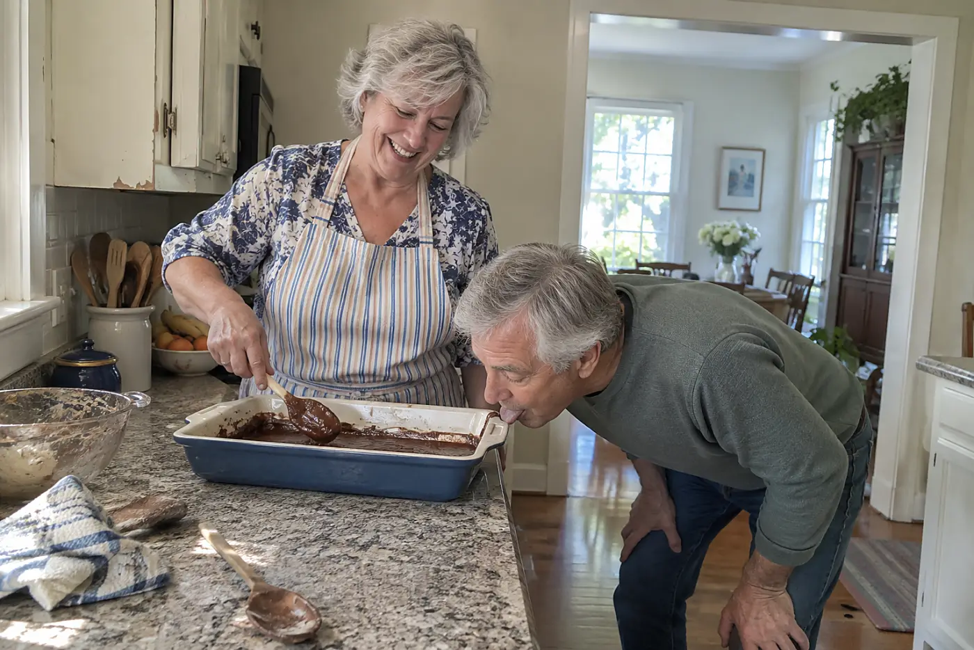 Woman stirs cocoa cake batter in a baking dish at a pantry counter.