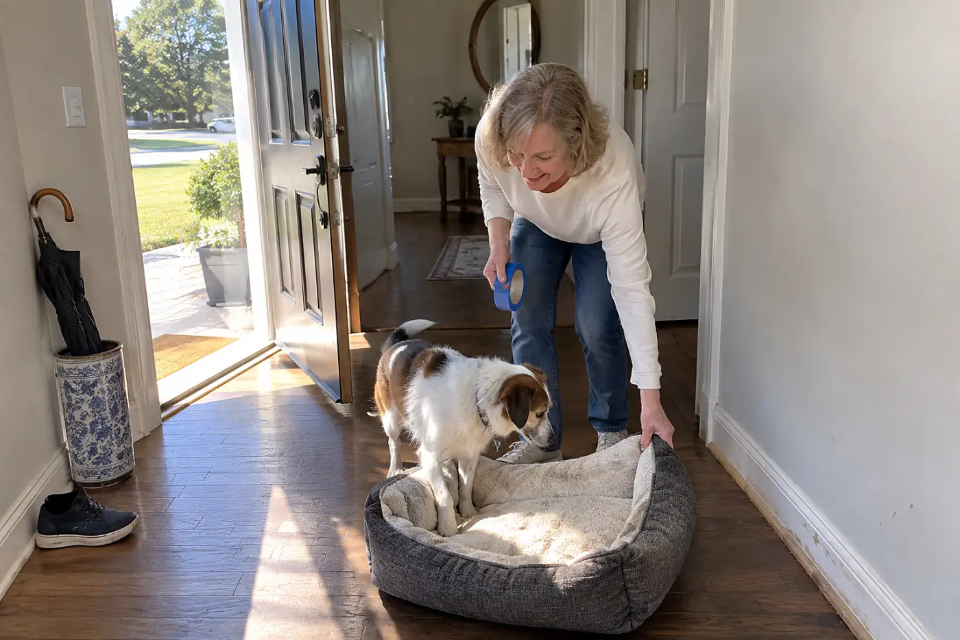 Older woman placing painter's tape beside an empty pet bed on a hallway floor.
