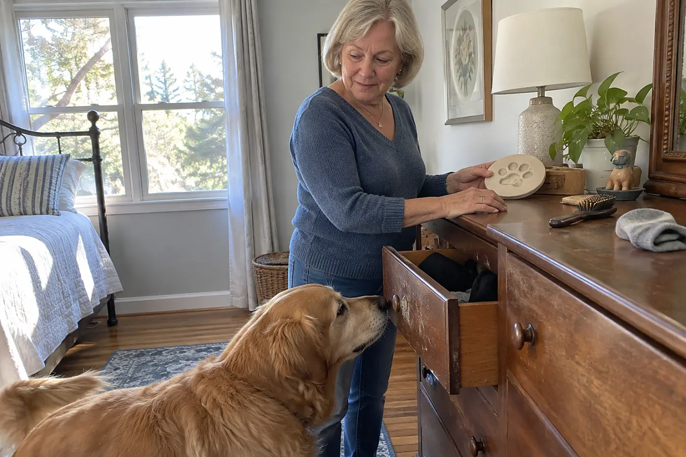 Older woman checking a clay paw print on a bedroom dresser.
