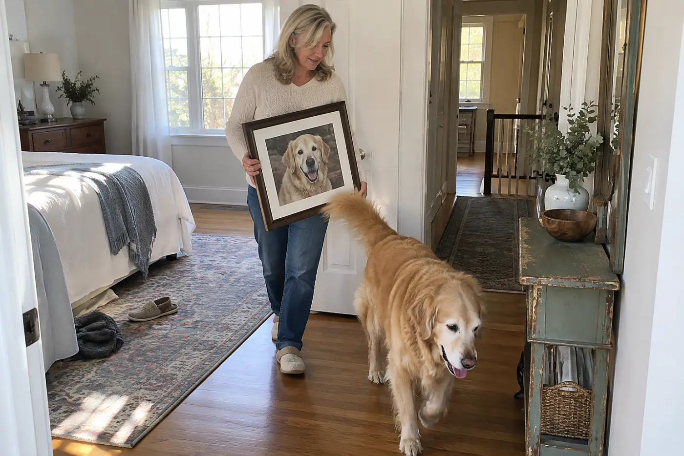 Older woman moving a framed dog photograph from her bedside to a hallway shelf.