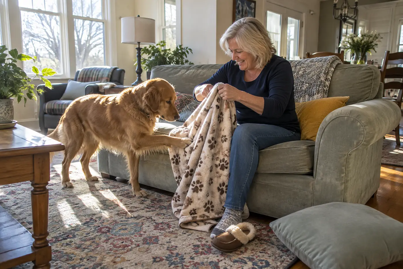 Older woman folding a worn pet blanket on a living-room sofa.