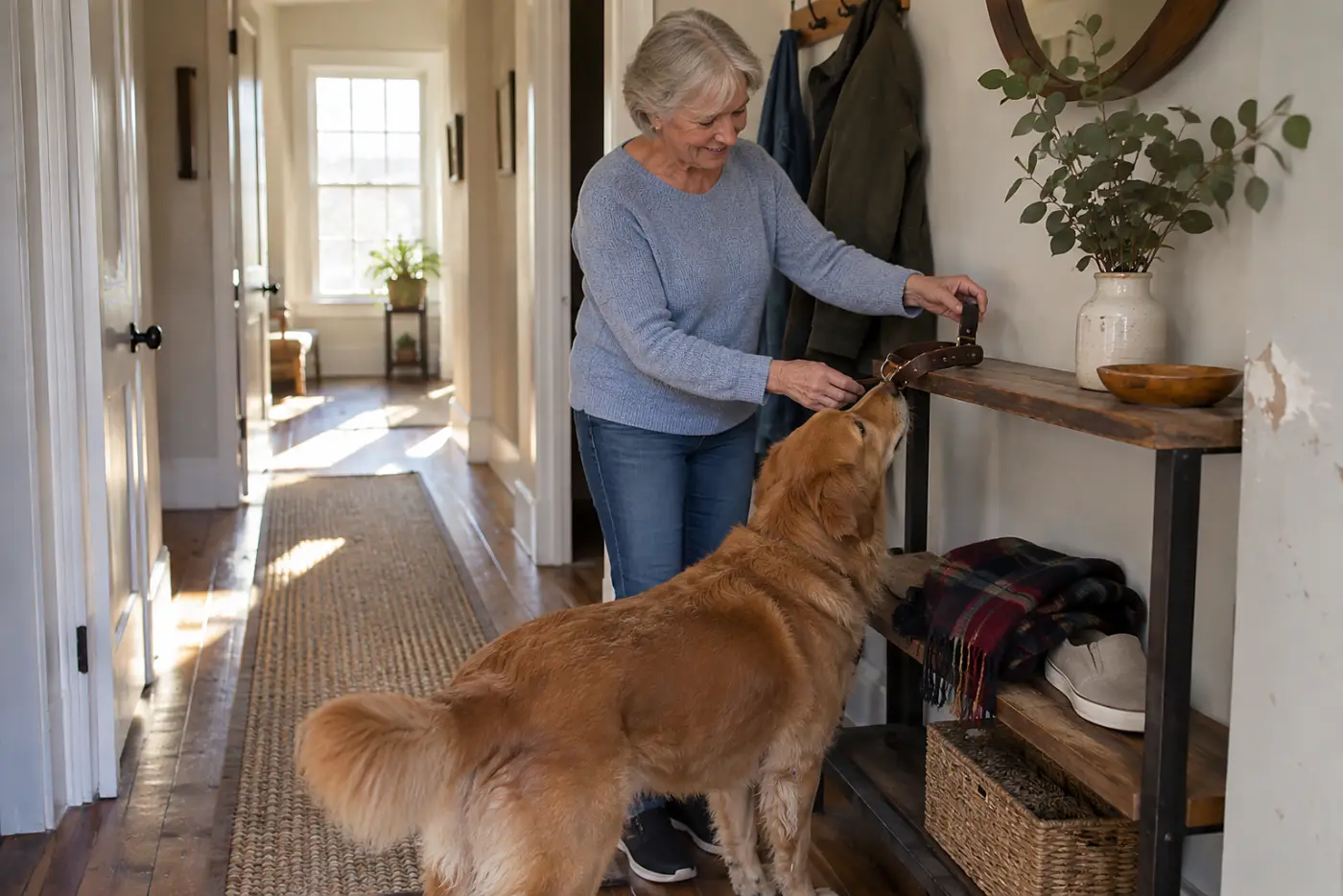 Older woman placing a collar on a hallway shelf.