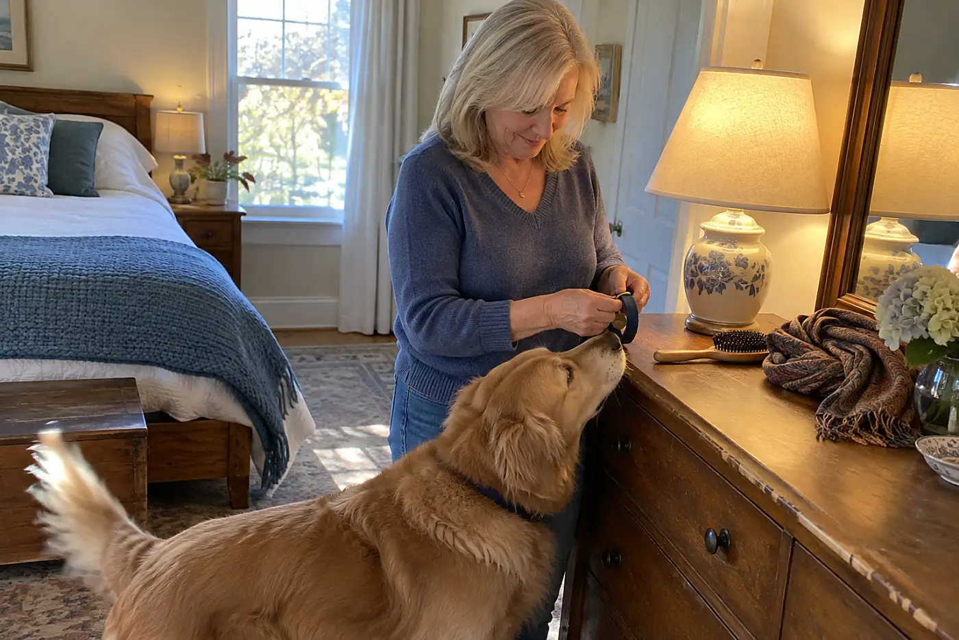 Older woman turning an engraved pet tag beneath a lamp in her bedroom.