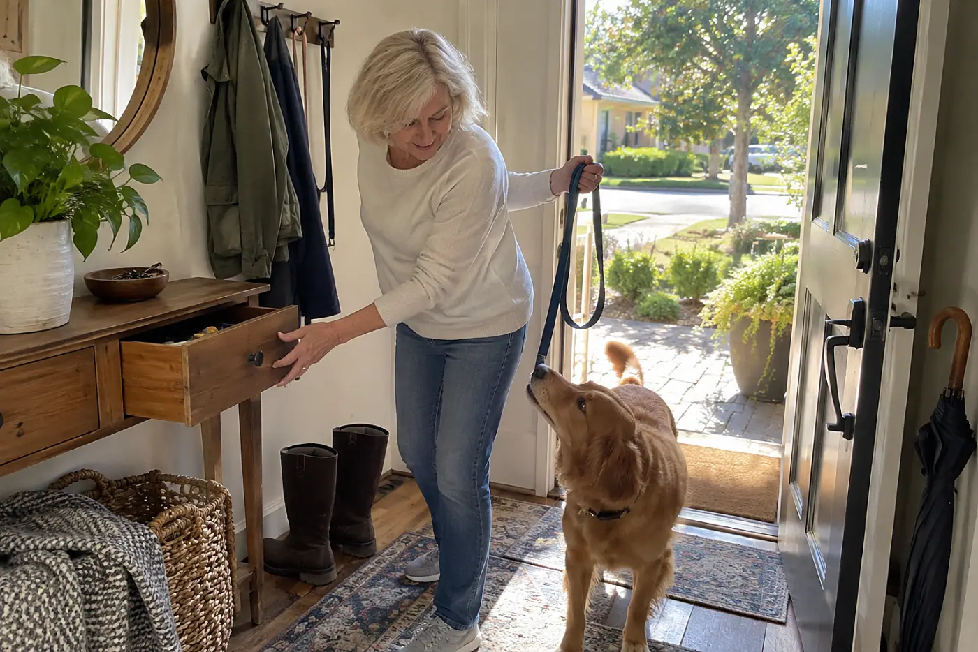 Older woman moving a leash from an entryway hook to a drawer.