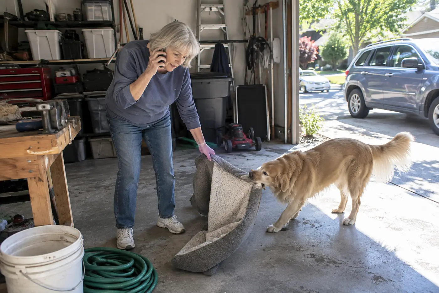 Older woman speaking on a phone beside a folded pet bed in her garage.