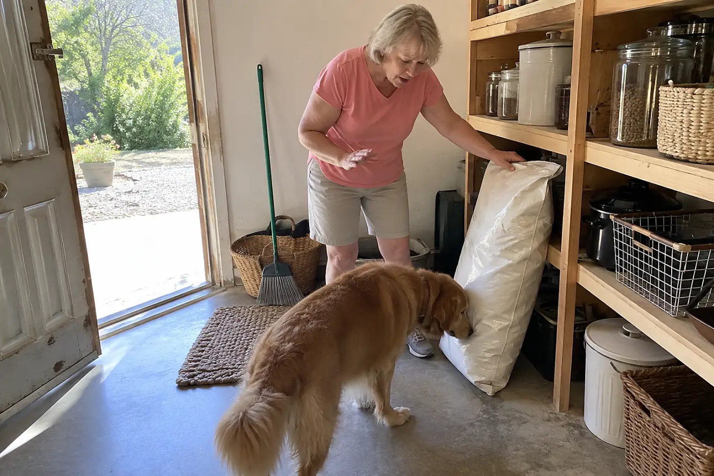 Older woman checking an unopened bag of pet food in a pantry.