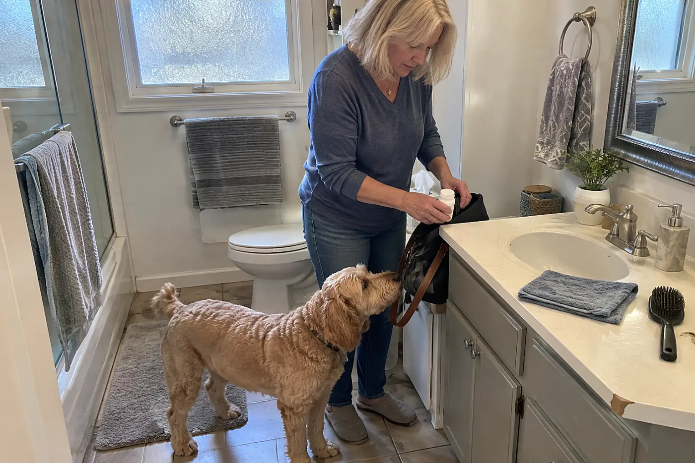 Older woman placing a closed pet medication bottle in a bag beside a bathroom sink.