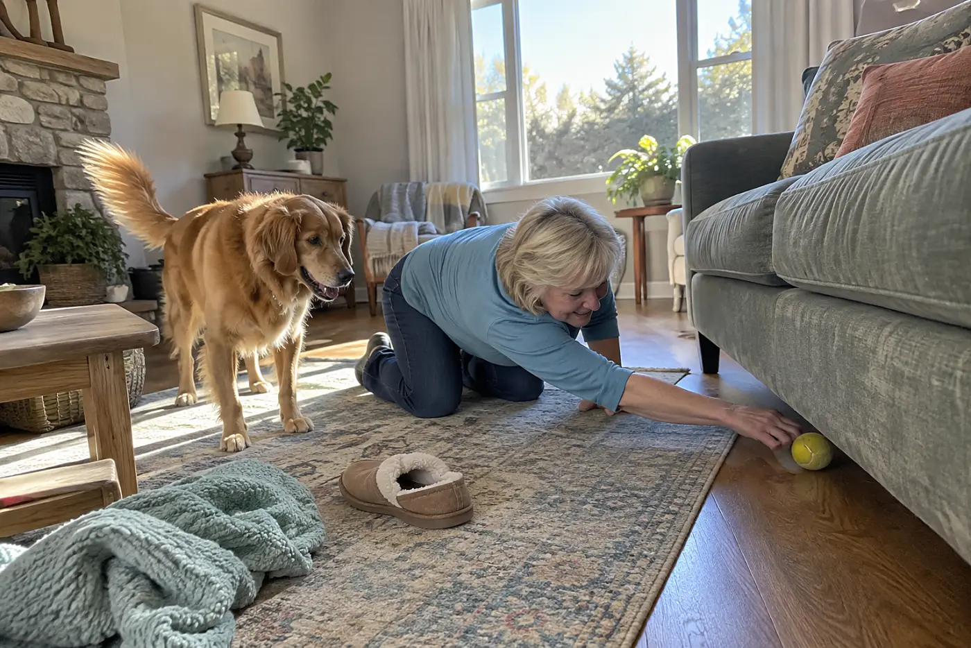 Older woman retrieving a ball from beneath a living-room sofa.