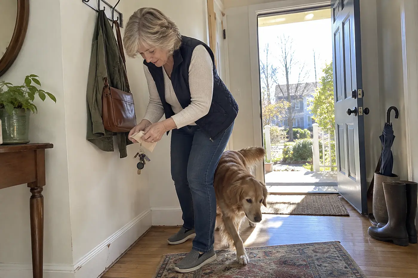 Older woman wrapping dangling pet tags in cloth beside a hallway hook.